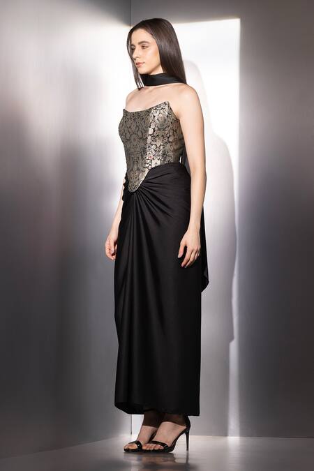 Label Muslin_Black Brocade, Satin, Silk Metallic Thread Contour Draped Skirt And Corset Set _at_Aza_Fashions