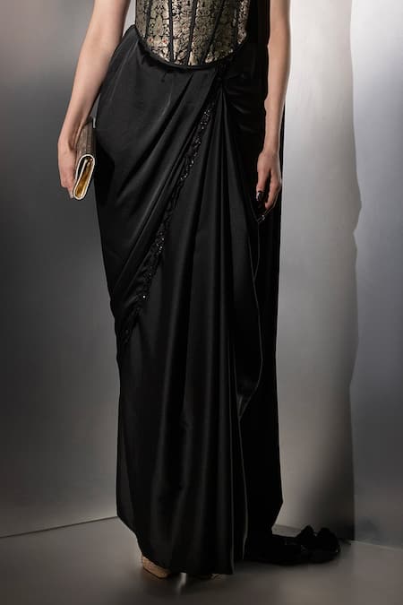 Label Muslin_Black Silk, Satin, Brocade Metallic Thread Sweetheart Neck Noir Draped Saree Set _Online_at_Aza_Fashions
