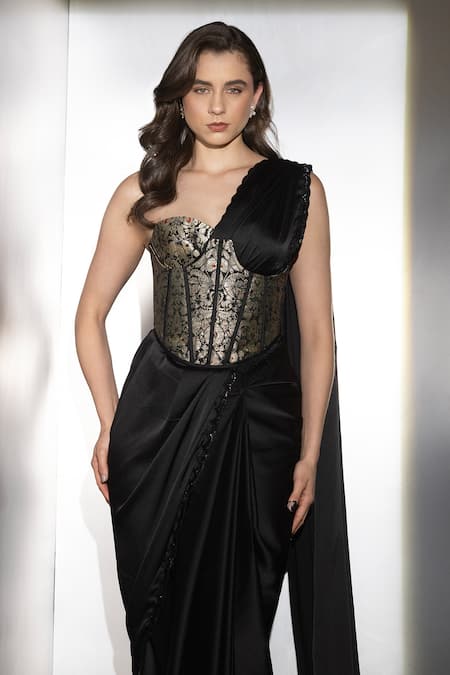 Buy_Label Muslin_Black Silk, Satin, Brocade Metallic Thread Sweetheart Neck Noir Draped Saree Set _Online_at_Aza_Fashions