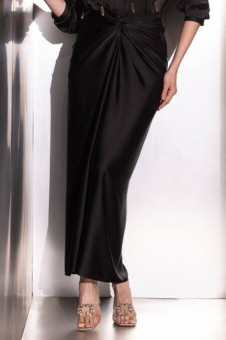 Label Muslin_Black Silk, Satin Studs Collared, V-neck Embellished Shirt And Skirt Set _Online_at_Aza_Fashions