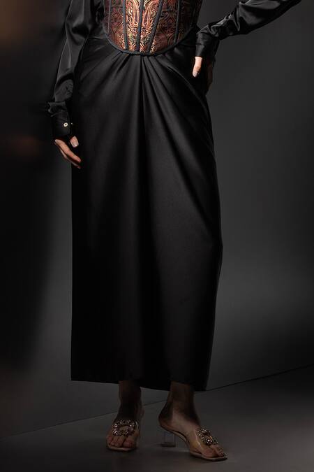 Label Muslin_Black Satin Embroidery Collared Embellished Shirt Skirt Set _Online_at_Aza_Fashions