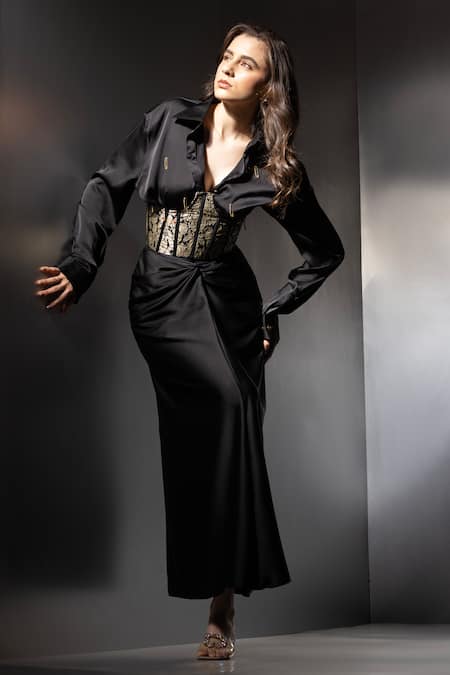 Label Muslin Embellished Shirt Skirt Set With Belt 