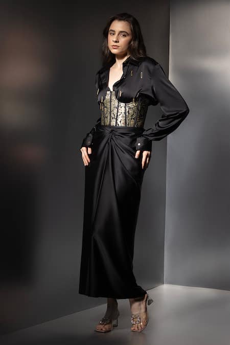 Label Muslin_Black Satin, Brocade Collared, Sweetheart Embellished Shirt Skirt Set With Belt _Online_at_Aza_Fashions
