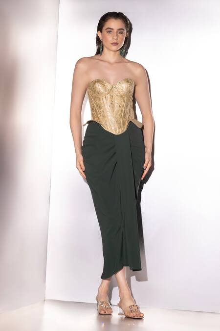 Label Muslin_Gold Brocade, Satin Embroidery Sweetheart Neck Sculpted Corset Skirt Set _Online_at_Aza_Fashions