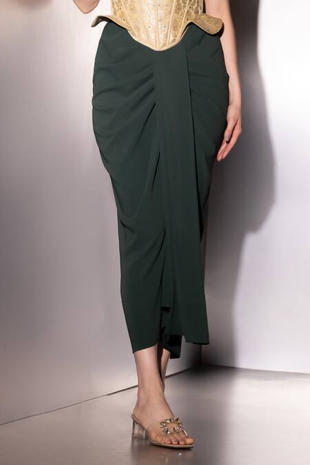 Buy_Label Muslin_Gold Brocade, Satin Embroidery Sweetheart Neck Sculpted Corset Skirt Set _Online_at_Aza_Fashions