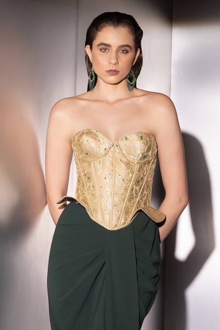 Shop_Label Muslin_Gold Brocade, Satin Embroidery Sweetheart Neck Sculpted Corset Skirt Set 