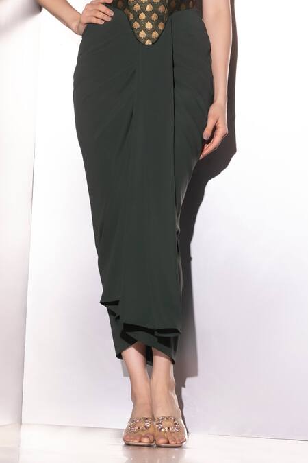 Label Muslin_Green Brocade, Silk, Satin Bandeau Neck Corset And Draped Skirt Set _Online_at_Aza_Fashions