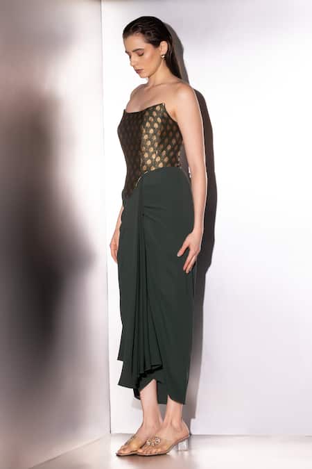 Buy_Label Muslin_Green Brocade, Silk, Satin Bandeau Neck Corset And Draped Skirt Set _Online_at_Aza_Fashions