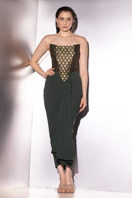 Label Muslin Brocade Corset & Draped Skirt Set 