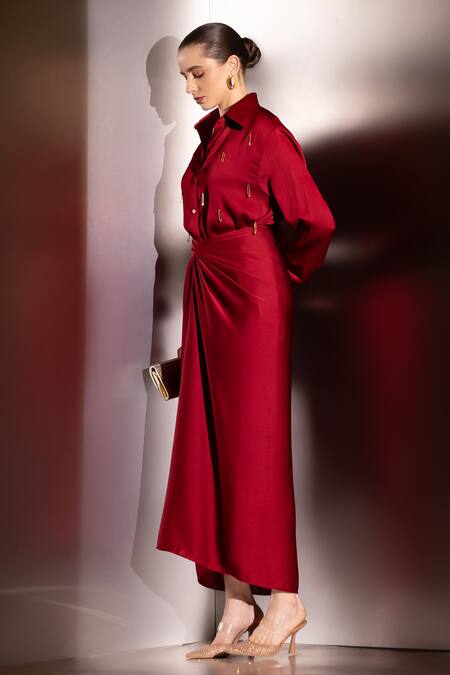 Buy Label Muslin Maroon Brocade, Silk, Satin Collared, V-neck Embellished Shirt And Skirt Set Online at Aza Fashions Buy_Label Muslin_Maroon Brocade, Silk, Satin Collared, V-neck Embellished Shirt And Skirt Set _Online_at_Aza_Fashions