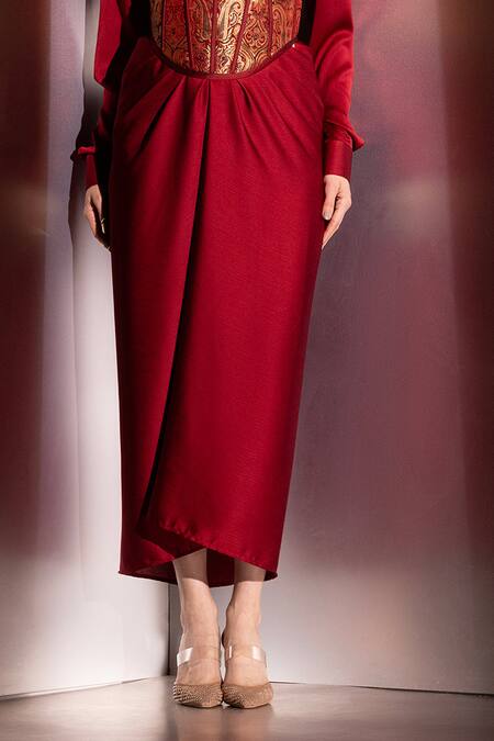 Label Muslin_Maroon Satin, Brocade Collared, Safety Pin Embellished Shirt And Warp Skirt Set _Online_at_Aza_Fashions