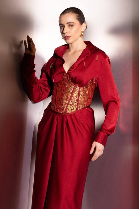 Buy_Label Muslin_Maroon Satin, Brocade Collared, Safety Pin Embellished Shirt And Warp Skirt Set _Online_at_Aza_Fashions