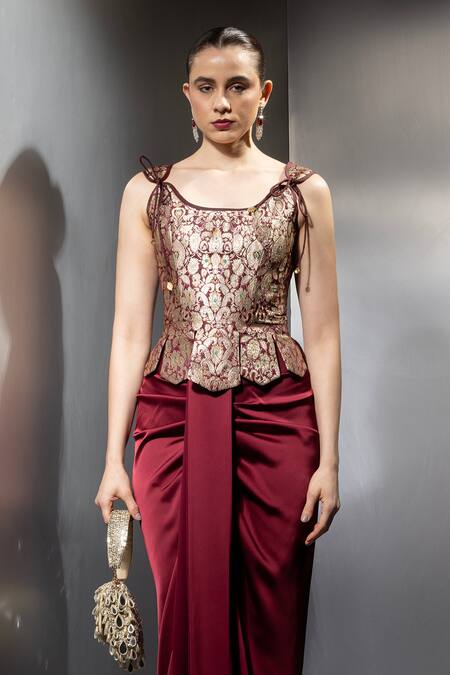 Label Muslin_Maroon Brocade, Satin Scoop Neck Valencia Scalloped Corset Set _at_Aza_Fashions