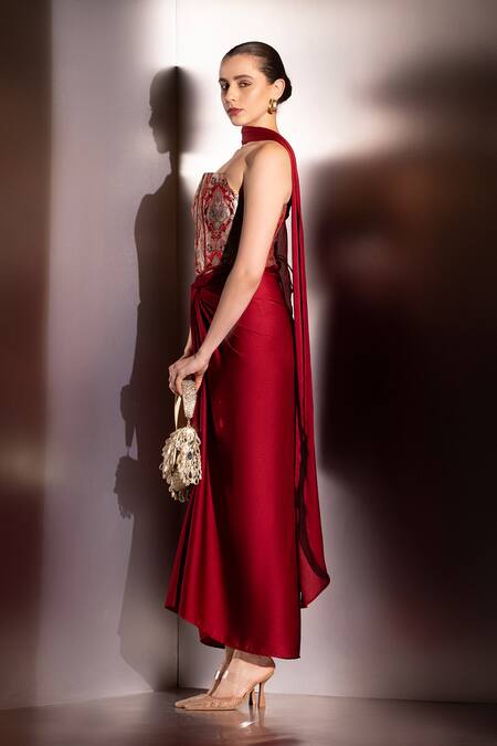 Label Muslin_Maroon Brocade, Satin, Silk Bandeau Neck Crimson Vesper Corset Set _Online_at_Aza_Fashions