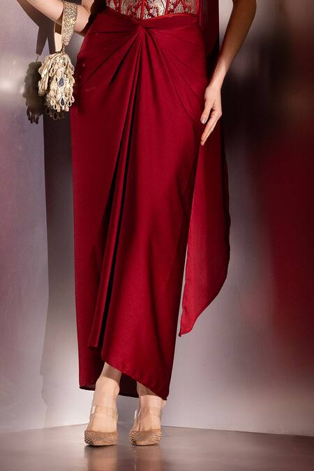 Buy_Label Muslin_Maroon Brocade, Satin, Silk Bandeau Neck Crimson Vesper Corset Set _Online_at_Aza_Fashions