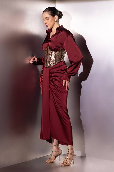 Label Muslin_Maroon Satin, Silk, Brocade Collared, Safety Pin Embellished Shirt And Skirt Set _Online_at_Aza_Fashions