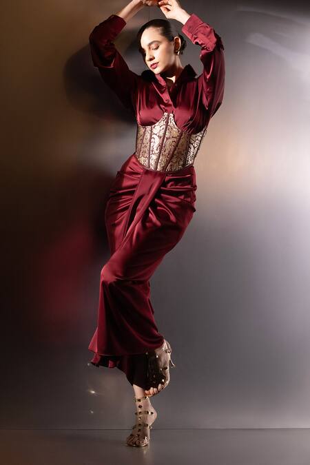 Buy_Label Muslin_Maroon Satin, Silk, Brocade Collared, Safety Pin Embellished Shirt And Skirt Set _Online_at_Aza_Fashions