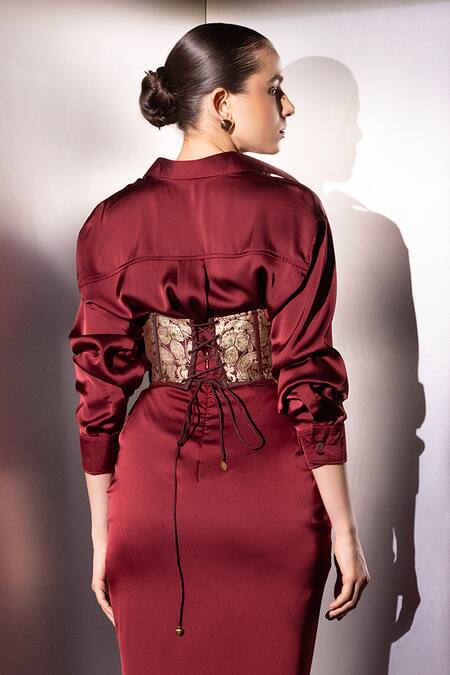 Shop_Label Muslin_Maroon Satin, Silk, Brocade Collared, Safety Pin Embellished Shirt And Skirt Set _Online_at_Aza_Fashions