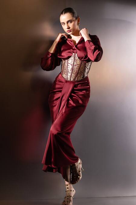 Label Muslin_Maroon Satin, Silk, Brocade Collared, Safety Pin Embellished Shirt And Skirt Set _at_Aza_Fashions
