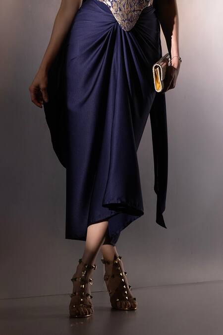 Buy_Label Muslin_Navy Brocade, Satin, Silk Zari Bandeau Neck Contour Draped Skirt And Corset Set _Online_at_Aza_Fashions
