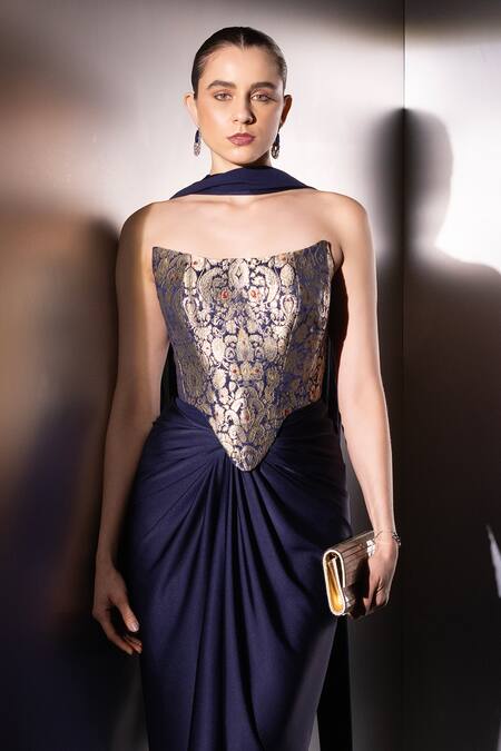 Label Muslin_Navy Brocade, Satin, Silk Zari Bandeau Neck Contour Draped Skirt And Corset Set _at_Aza_Fashions