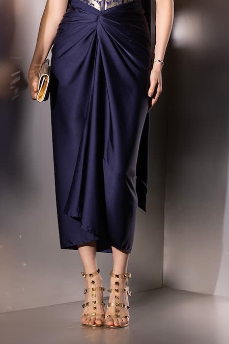 Label Muslin_Blue Brocade, Satin, Silk Sweetheart Neck Nyra Contour Corset And Draped Skirt Set _Online_at_Aza_Fashions