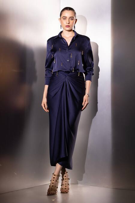 Label Muslin_Blue Satin Collared, V-neck Safety Pin Embellished Shirt And Skirt Set _Online_at_Aza_Fashions