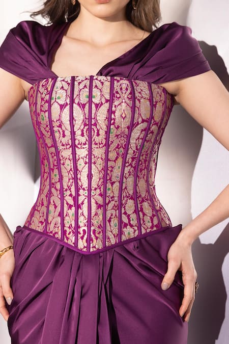Label Muslin Purple Brocade, Satin, Silk Zari, Embroidery Pre-draped Saree With Corset Online at Aza Fashions Label Muslin_Purple Brocade, Satin, Silk Zari, Embroidery Pre-draped Saree With Corset _Online_at_Aza_Fashions