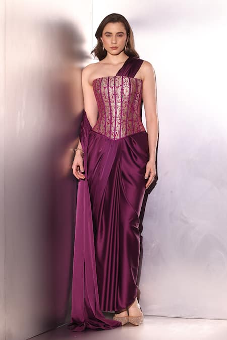 Buy_Label Muslin_Purple Brocade, Satin, Silk Zari, Embroidery Pre-draped Saree With Corset _Online_at_Aza_Fashions
