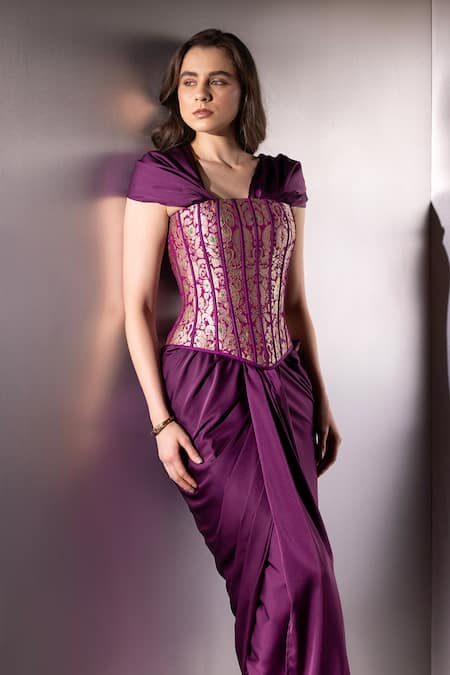 Shop Label Muslin Purple Brocade, Satin, Silk Zari, Embroidery Pre-draped Saree With Corset Online at Aza Fashions Shop_Label Muslin_Purple Brocade, Satin, Silk Zari, Embroidery Pre-draped Saree With Corset _Online_at_Aza_Fashions