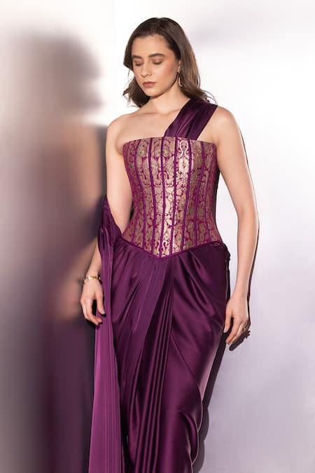 Label Muslin Purple Brocade, Satin, Silk Zari, Embroidery Pre-draped Saree With Corset at Aza Fashions Label Muslin_Purple Brocade, Satin, Silk Zari, Embroidery Pre-draped Saree With Corset _at_Aza_Fashions