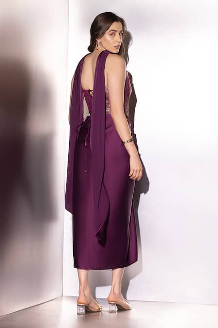 Label Muslin_Multi Color Brocade, Satin, Silk Metallic Contour Draped Skirt And Corset Set _Online_at_Aza_Fashions