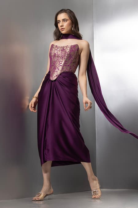 Buy_Label Muslin_Multi Color Brocade, Satin, Silk Metallic Contour Draped Skirt And Corset Set _Online_at_Aza_Fashions