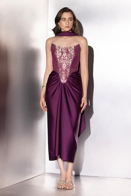 Shop_Label Muslin_Multi Color Brocade, Satin, Silk Metallic Contour Draped Skirt And Corset Set _Online_at_Aza_Fashions