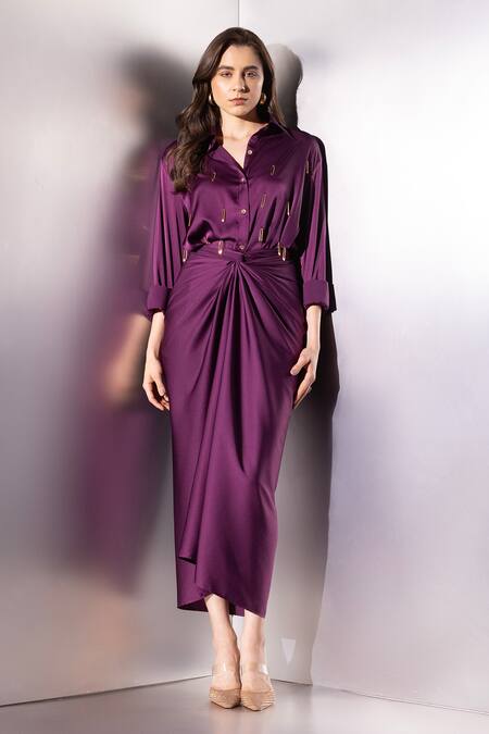 Buy_Label Muslin_Purple Satin Studs Collared, V-neck Safety Pin Embellished Shirt And Skirt Set _Online_at_Aza_Fashions
