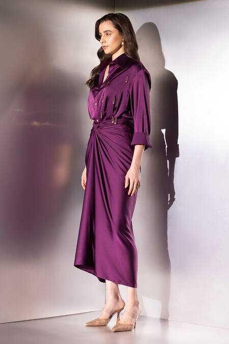 Shop_Label Muslin_Purple Satin Studs Collared, V-neck Safety Pin Embellished Shirt And Skirt Set _Online_at_Aza_Fashions