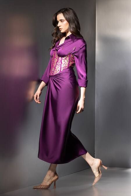 Label Muslin_Purple Satin, Brocade Collared, Safety Pin Embellished Shirt Set With Corset _Online_at_Aza_Fashions