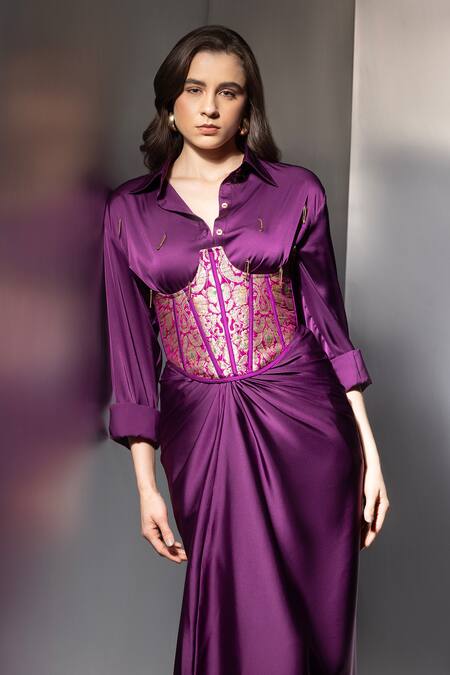 Buy_Label Muslin_Purple Satin, Brocade Collared, Safety Pin Embellished Shirt Set With Corset _Online_at_Aza_Fashions