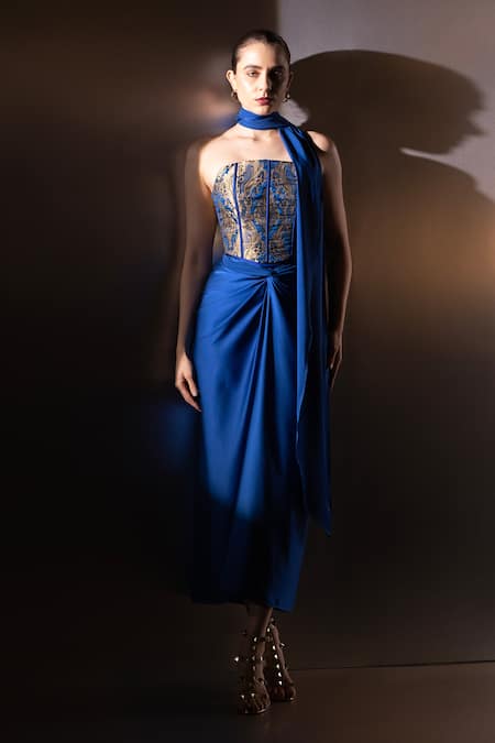 Label Muslin Cobalt Vesper Brocade Corset Set 