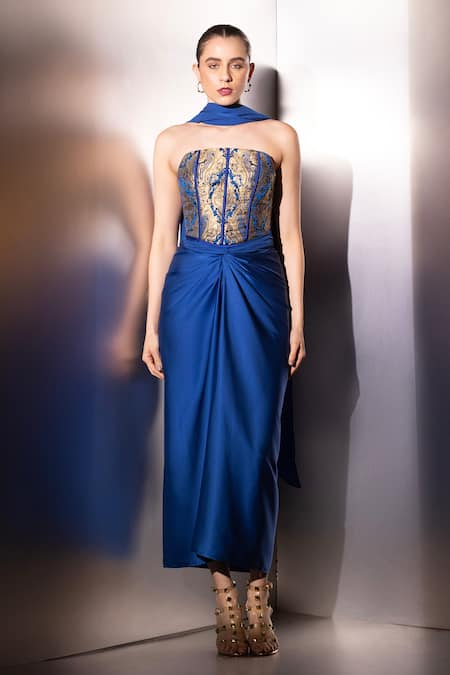 Buy_Label Muslin_Blue Brocade, Satin, Silk Bandeau Neck Cobalt Vesper Corset Set _Online_at_Aza_Fashions