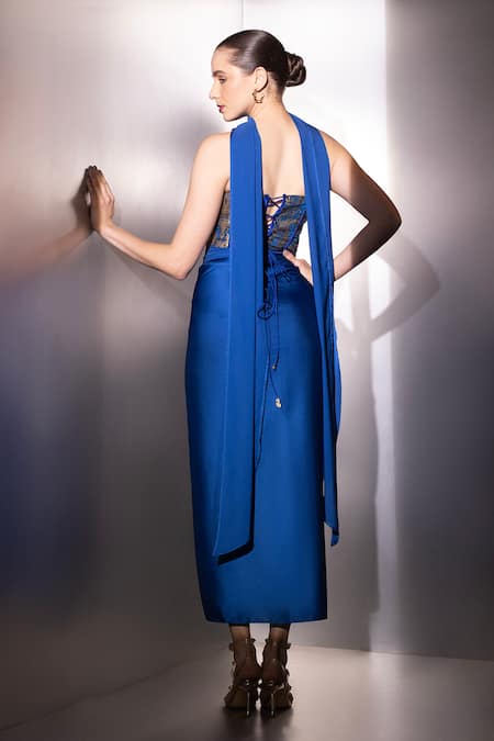 Label Muslin Cobalt Vesper Brocade Corset Set 