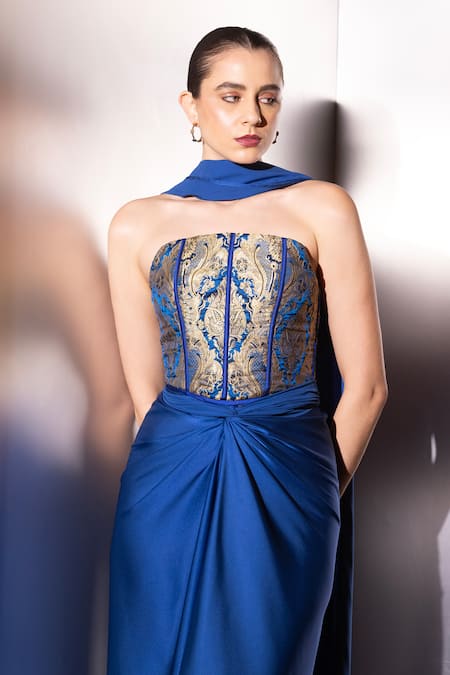 Label Muslin_Blue Brocade, Satin, Silk Bandeau Neck Cobalt Vesper Corset Set _at_Aza_Fashions