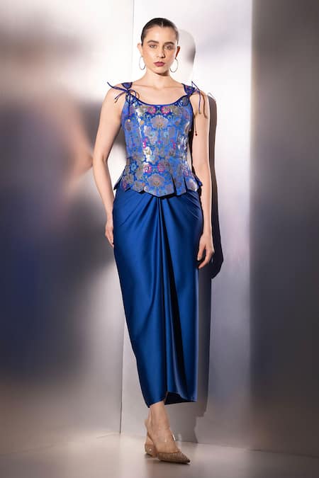 Label Muslin_Blue Brocade, Silk, Satin Sequins, Embroidery Scoop Draped Skirt And Corset Set _Online_at_Aza_Fashions