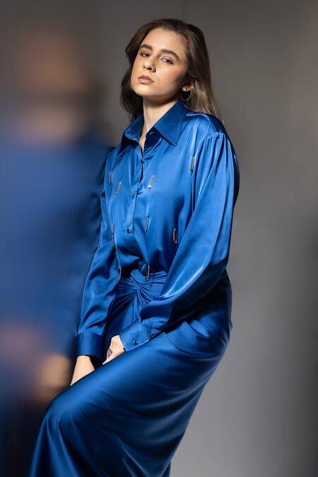 Label Muslin_Blue Satin, Silk Collared, V-neck Safety Pin Embellished Shirt And Skirt Set _Online_at_Aza_Fashions