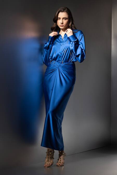 Buy_Label Muslin_Blue Satin, Silk Collared, V-neck Safety Pin Embellished Shirt And Skirt Set _Online_at_Aza_Fashions