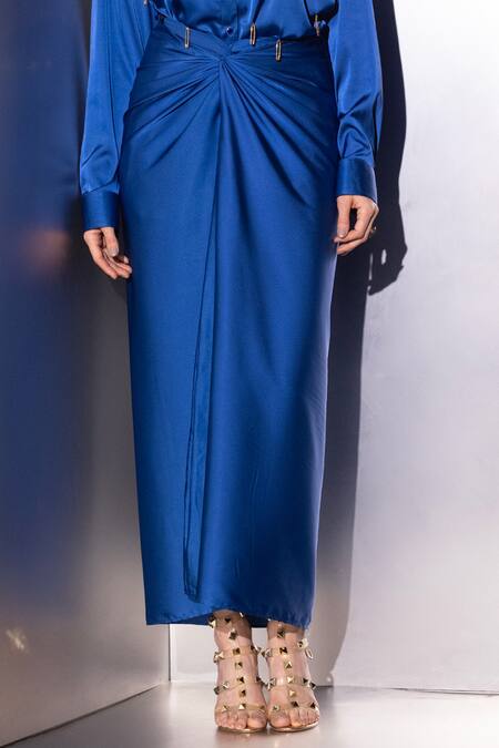Shop_Label Muslin_Blue Satin, Silk Collared, V-neck Safety Pin Embellished Shirt And Skirt Set _Online_at_Aza_Fashions