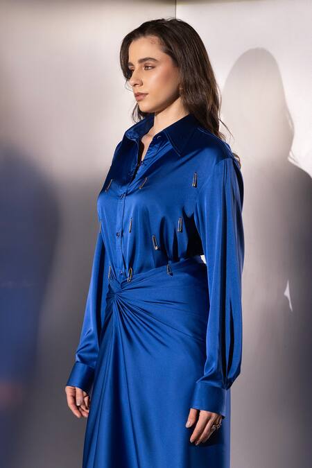 Label Muslin_Blue Satin, Silk Collared, V-neck Safety Pin Embellished Shirt And Skirt Set _at_Aza_Fashions