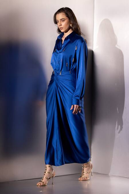Buy_Label Muslin_Blue Satin, Silk Collared, V-neck Safety Pin Embellished Shirt And Skirt Set 
