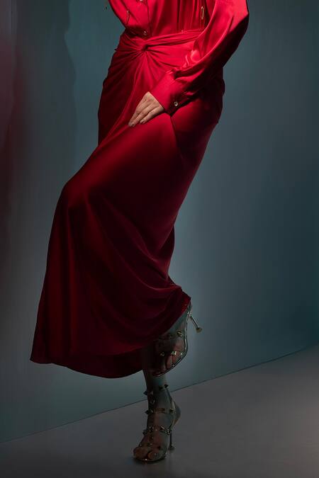 Label Muslin_Red Satin Collared, V-neck Safety Pin Embellished Shirt And Skirt Set _Online_at_Aza_Fashions