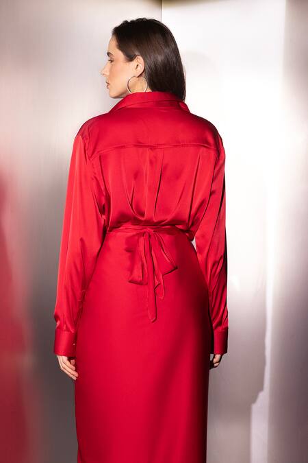 Shop_Label Muslin_Red Satin Collared, V-neck Safety Pin Embellished Shirt And Skirt Set _Online_at_Aza_Fashions